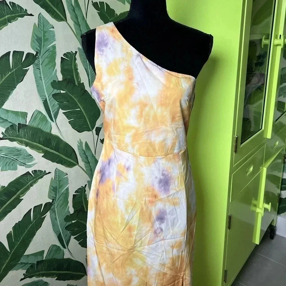 One Shoulder Yellow Tie Dye Midi Dress M US 6 - Picture 2 of 4